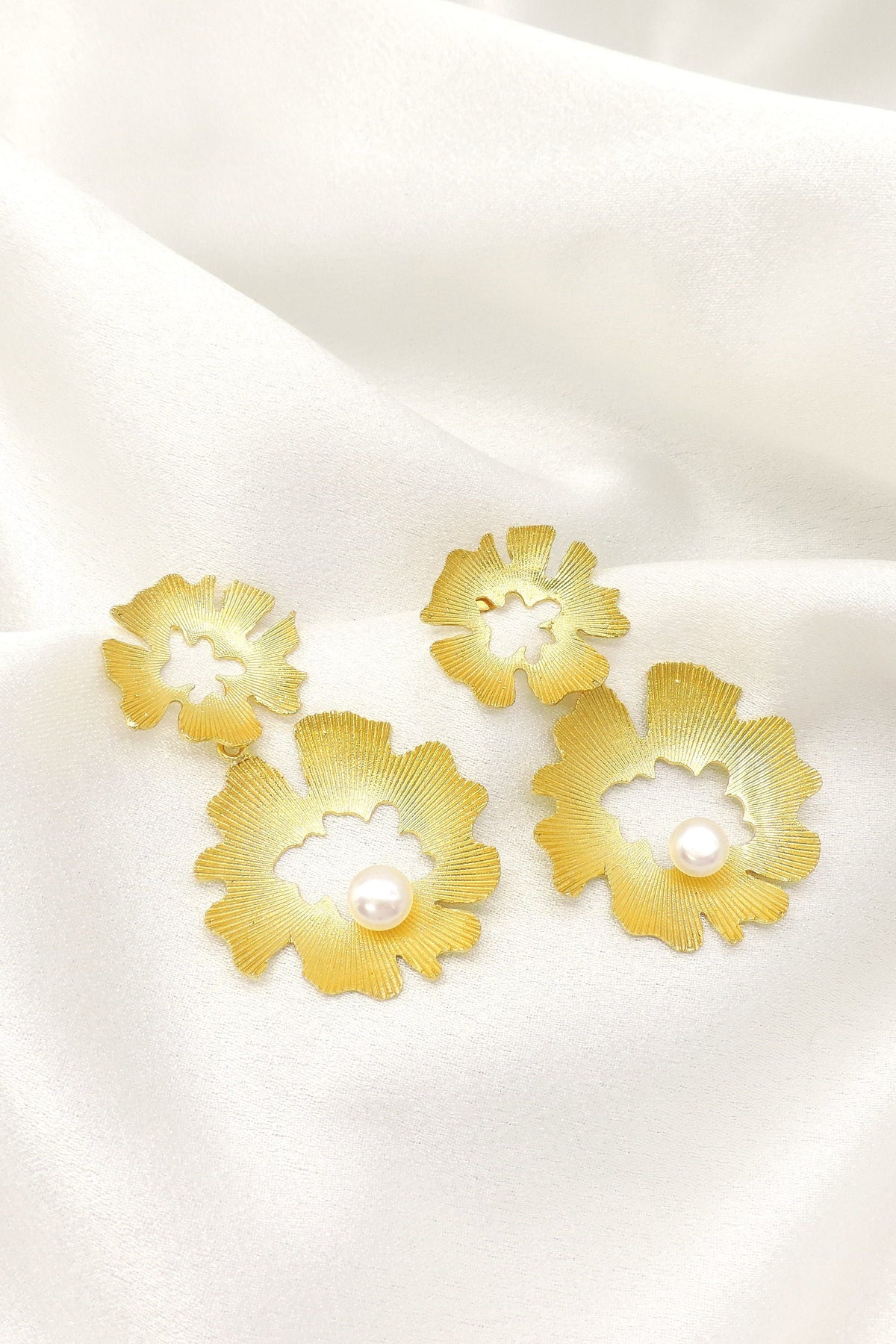 Gold Floral Pearl Statement Earrings | Textured Petal Design