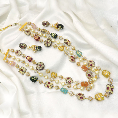 Multicolor Navratna Inspired Layered Necklace Set | Pearl & Kundan Jewelry