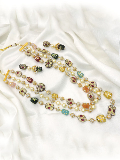 Multicolor Navratna Inspired Layered Necklace Set | Pearl & Kundan Jewelry