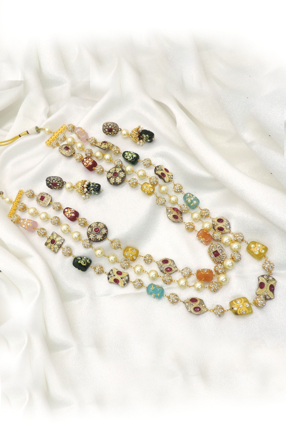 Multicolor Navratna Inspired Layered Necklace Set | Pearl & Kundan Jewelry