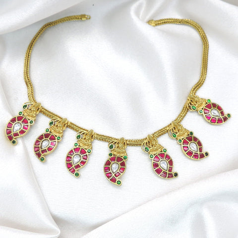 Traditional Manga Mala temple necklace with ruby and green stone paisley motifs by joyrias