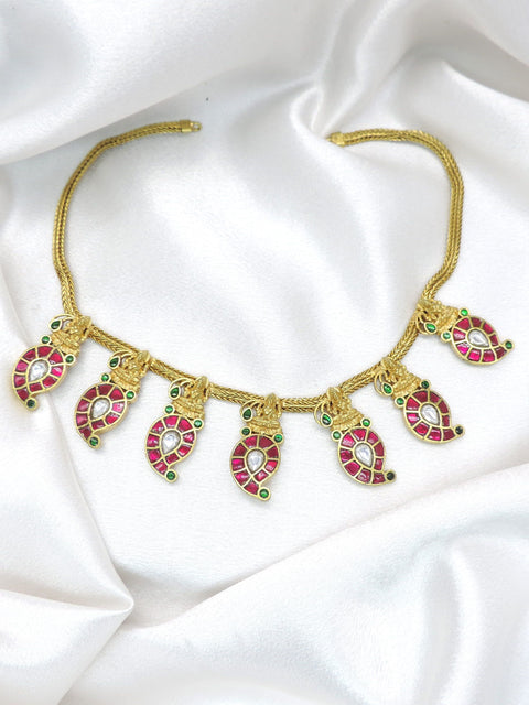 Traditional Manga Mala temple necklace with ruby and green stone paisley motifs by joyrias