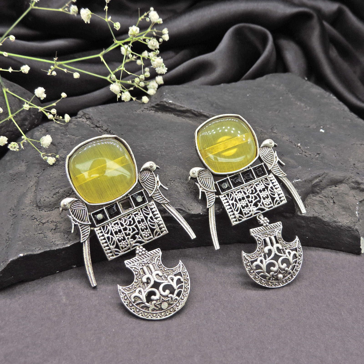 Yellow Stone Oxidised Tribal Statement Earrings