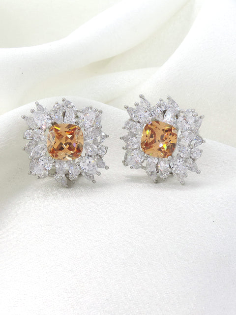 Champagne cushion AD CZ halo stud earrings by Joyrias