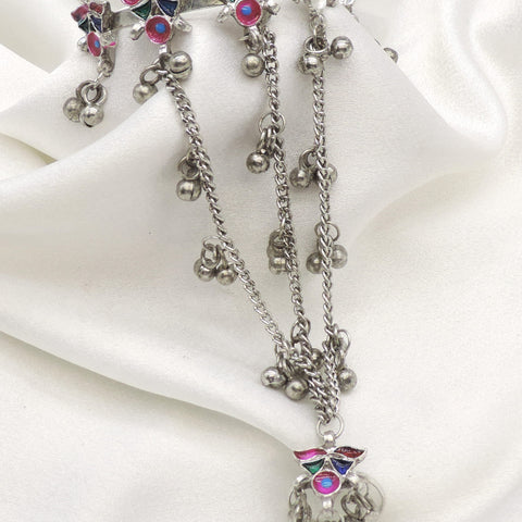 Oxidized silver multicolor hath phool with floral motifs, hand chains, and dangling silver bead charms by joyrias