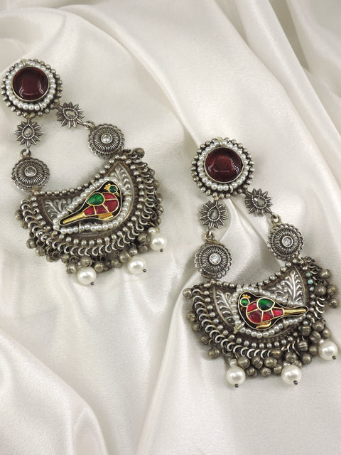 Bird Oxidized Pearl Dangler Earrings