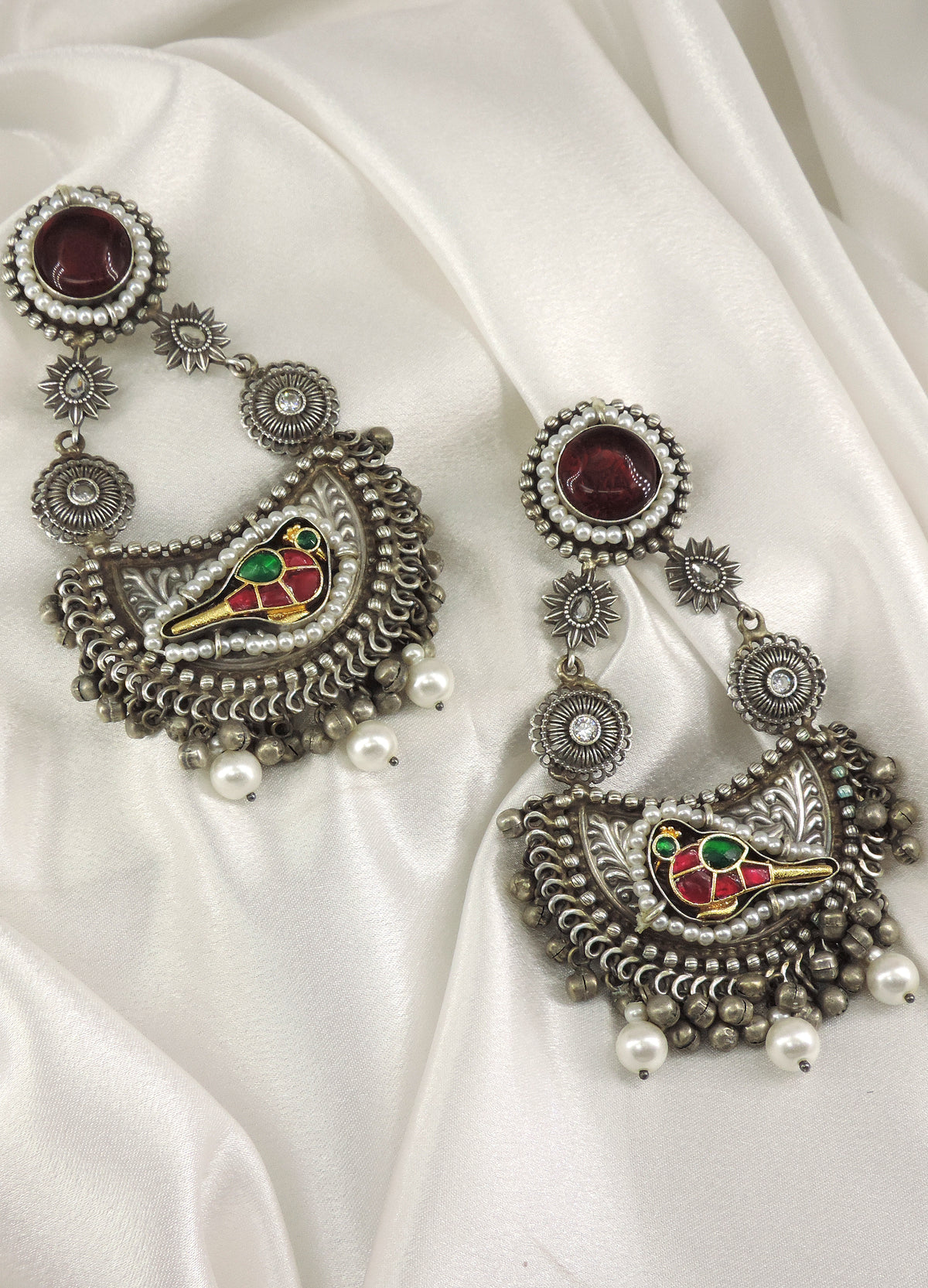 Bird Oxidized Pearl Dangler Earrings