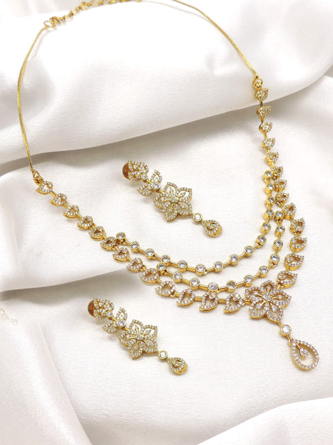 Traditional temple AD CZ cluster necklace set with layered floral design and matching earrings by joyrias
