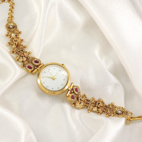 Gold Ruby Floral Designer Bracelet Watch | Joyrias
