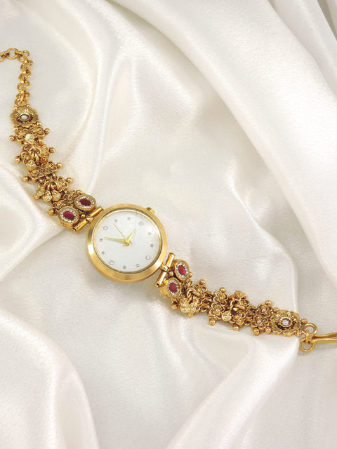 Gold Ruby Floral Designer Bracelet Watch | Joyrias