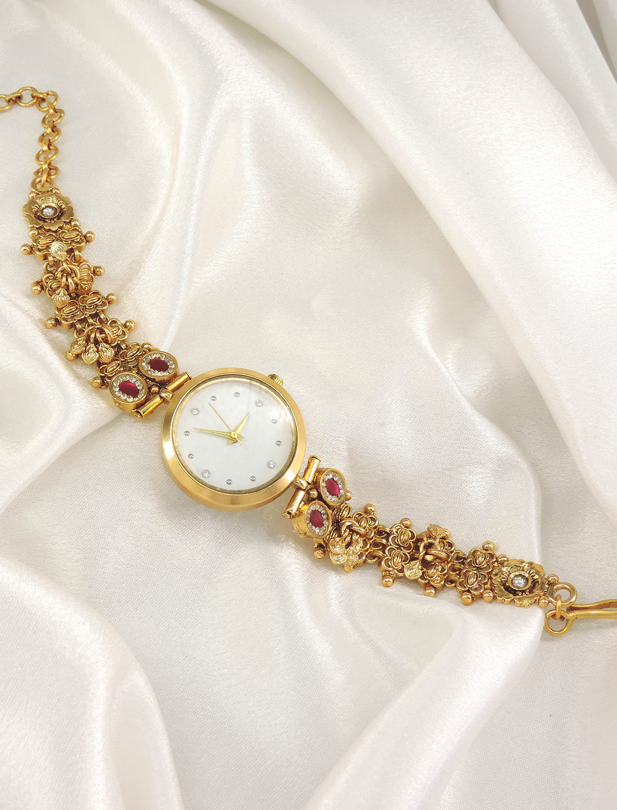 Gold Ruby Floral Designer Bracelet Watch | Joyrias