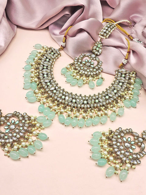 Big Kundan necklace with maang tikka – Indian bridal Kundan set with tikka USA – Joyrias