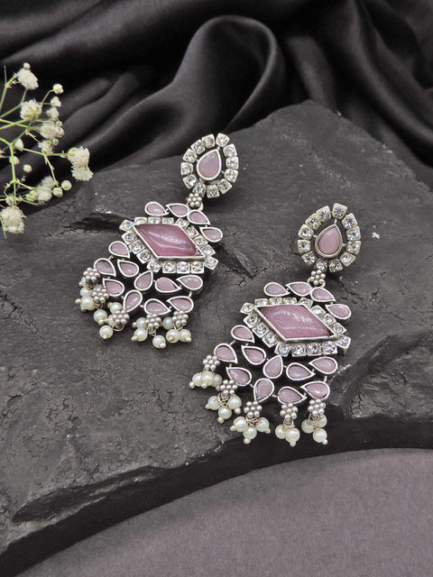 Pink Stone Oxidised AD Pearl Drop Earrings
