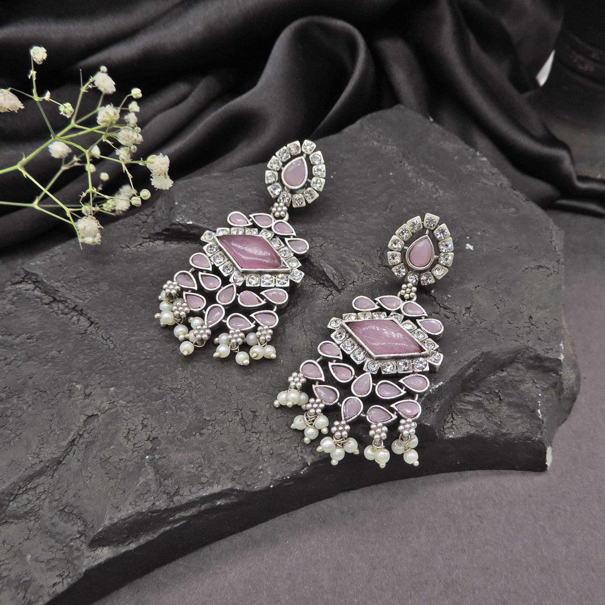 Pink Stone Oxidised AD Pearl Drop Earrings