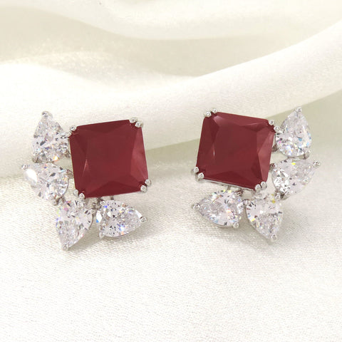 Ruby red square CZ cluster stud earrings by Joyrias