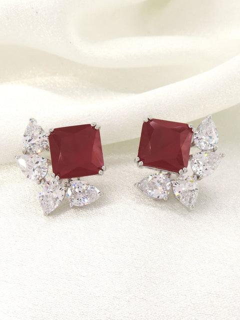 Ruby red square CZ cluster stud earrings by Joyrias