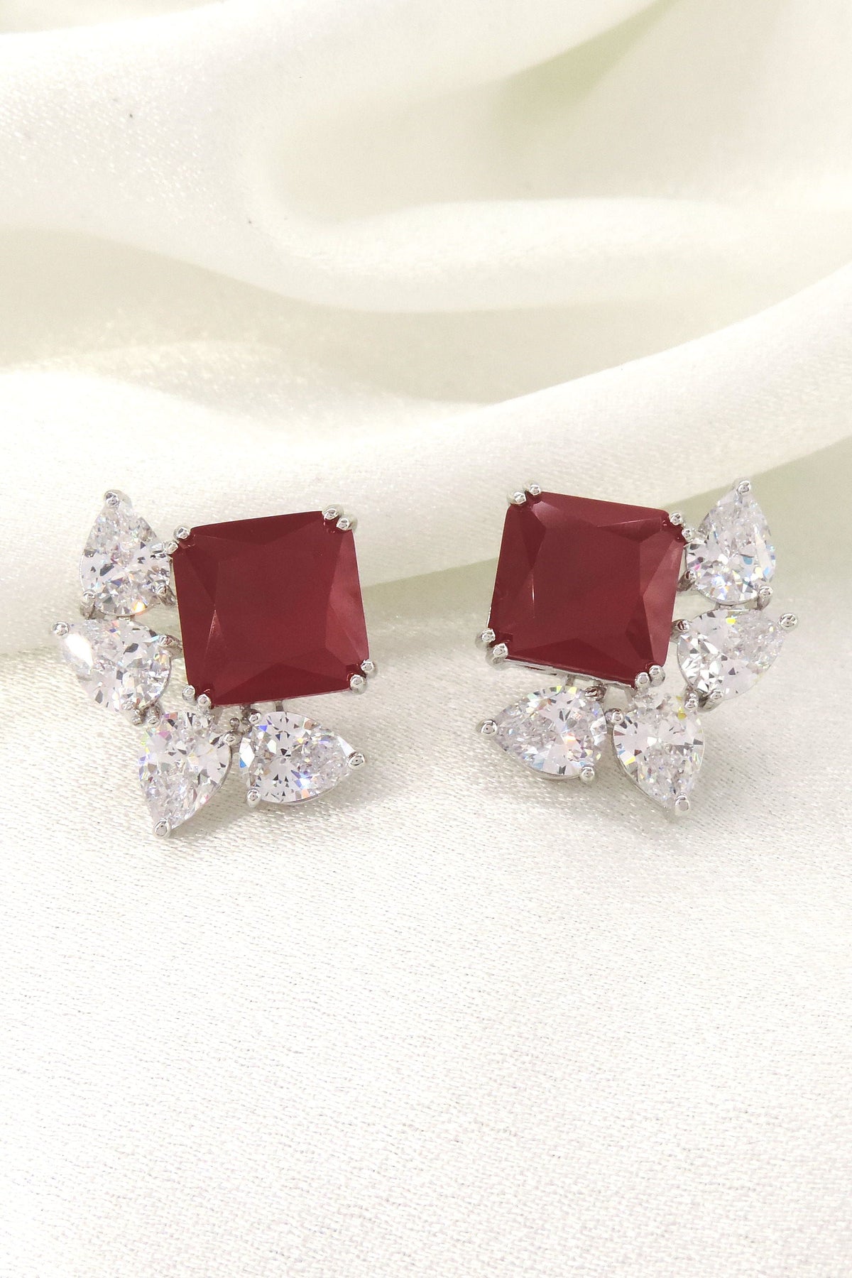 Ruby red square CZ cluster stud earrings by Joyrias