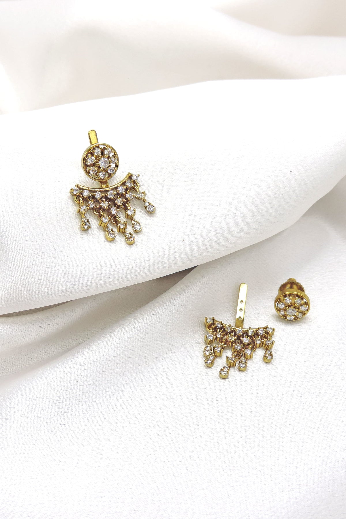AD CZ gold-toned chandelier drop earrings with intricate clustered detailing by joyrias