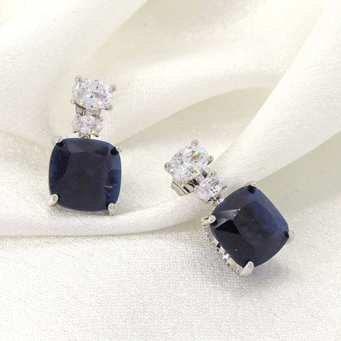 Navy blue cushion CZ drop stud earrings by Joyrias