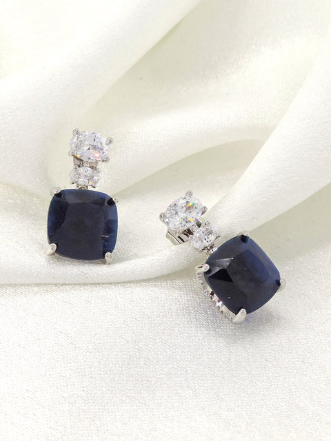 Navy blue cushion CZ drop stud earrings by Joyrias