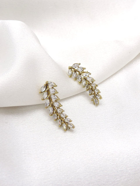 Gold-toned AD CZ leaf dangler earrings with cascading floral detailing by joyrias