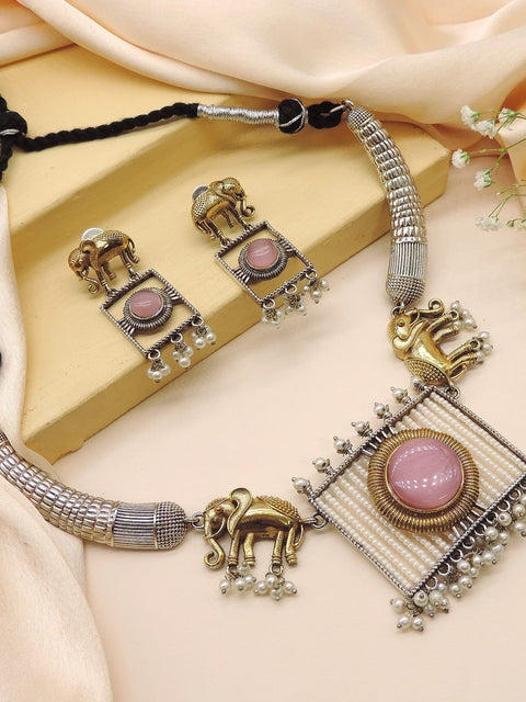 Oxidized elephant motif necklace set with pink stone and pearls – Indian ethnic necklace – Joyrias