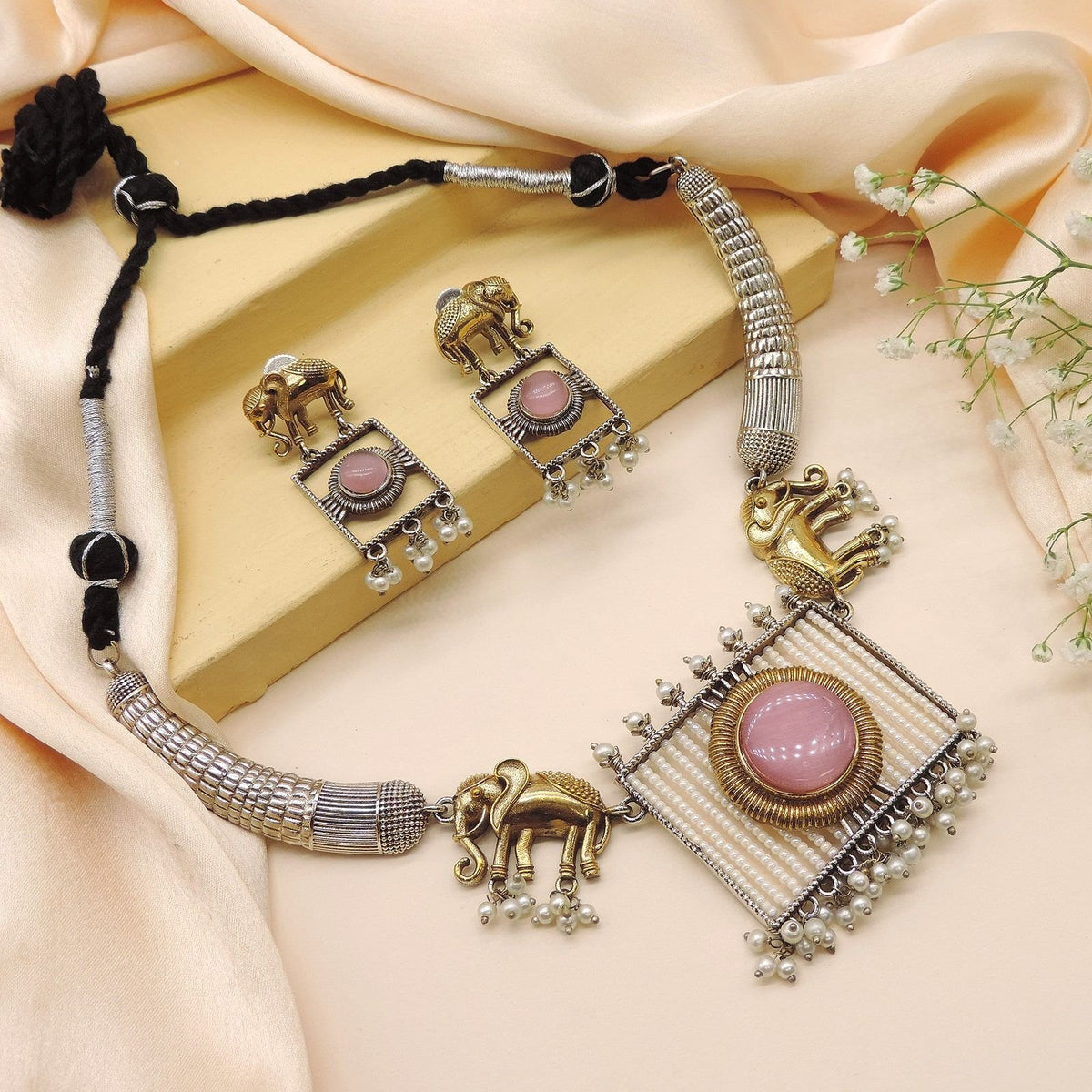 Oxidized elephant motif necklace set with pink stone and pearls – Indian ethnic necklace – Joyrias