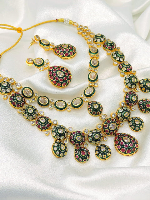 Kundan Meenakari Statement Necklace Set with Ruby & Emerald Tones