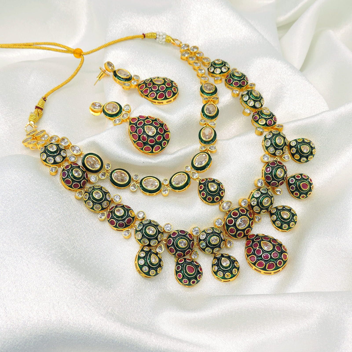Kundan Meenakari Statement Necklace Set with Ruby & Emerald Tones
