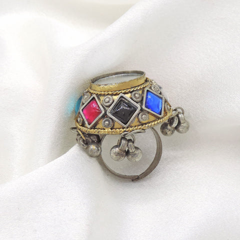 Oxidized multicolor CZ AD adjustable ring with geometric detailing and antique bead accents from joyrias