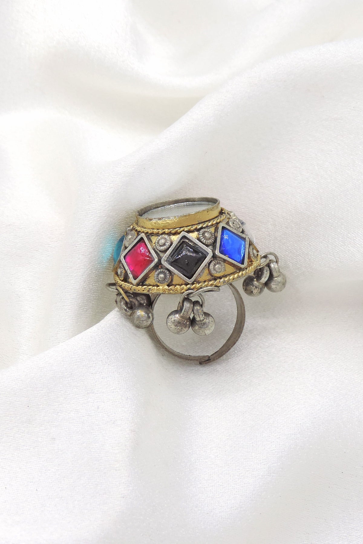 Oxidized multicolor CZ AD adjustable ring with geometric detailing and antique bead accents from joyrias