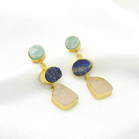 Multi-Stone Gold-Plated Drop Earrings | Natural Stone Statement Earrings