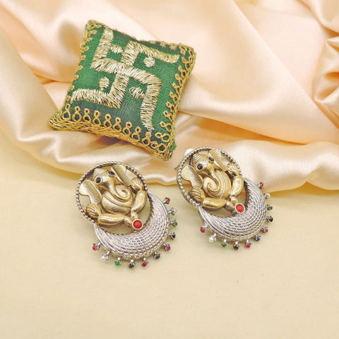 Dual Tone Ganesha Statement Earrings with Multicolor Bead Drops