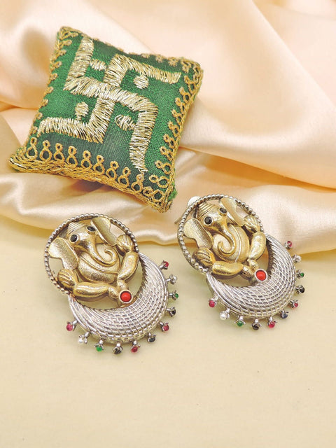 Dual Tone Ganesha Statement Earrings with Multicolor Bead Drops