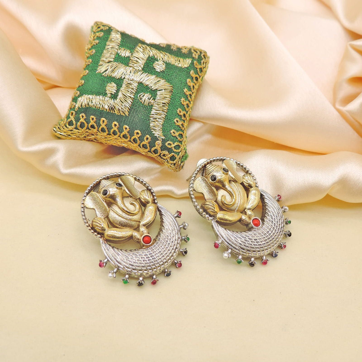 Dual Tone Ganesha Statement Earrings with Multicolor Bead Drops