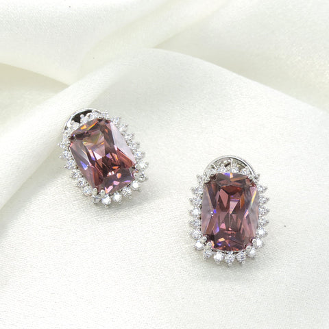 Mauve Emerald Cut CZ Halo Earrings by Joyrias