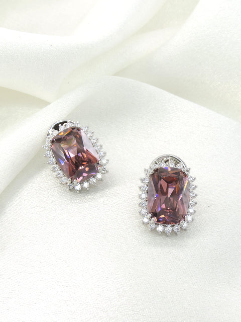 Mauve Emerald Cut CZ Halo Earrings by Joyrias