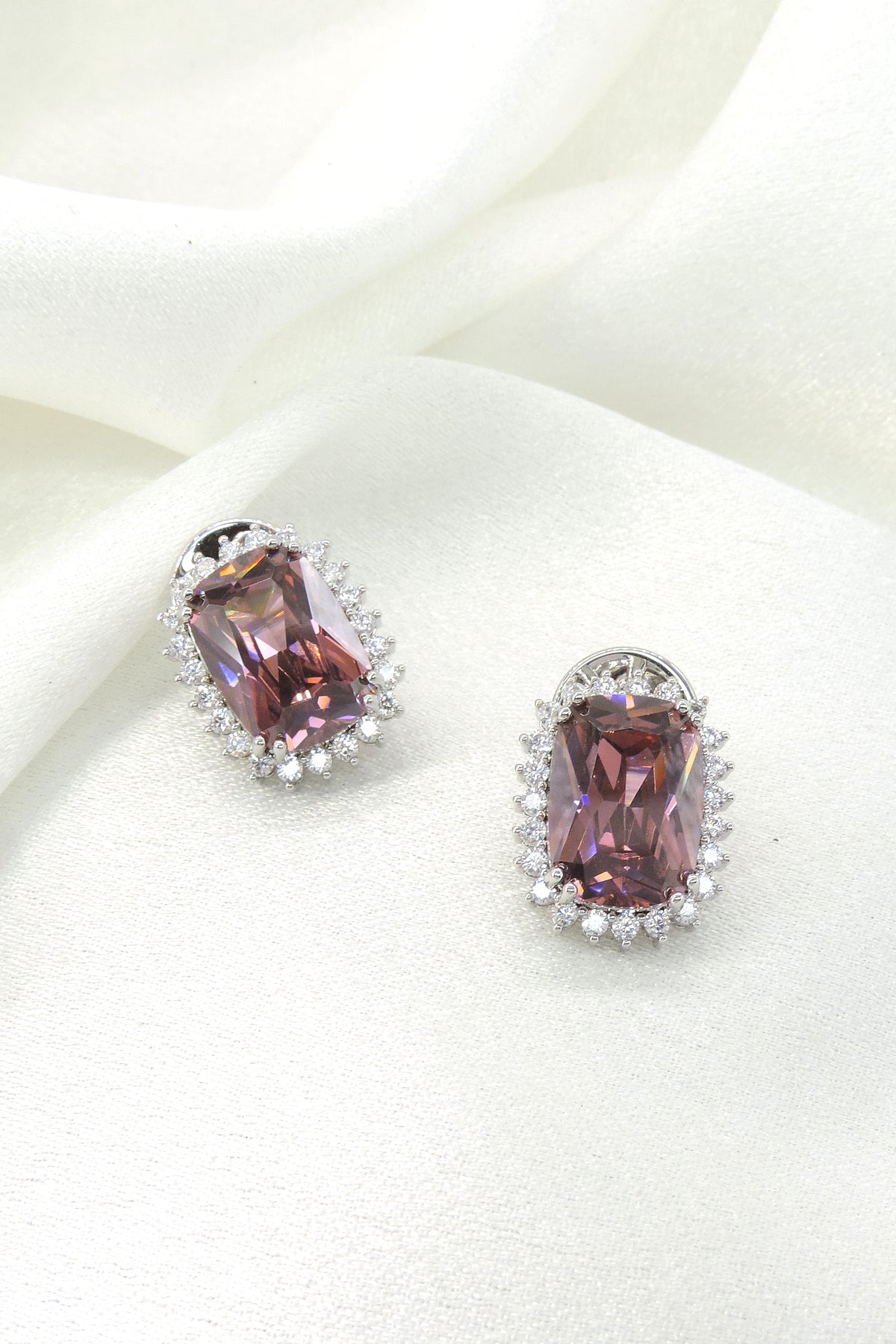Mauve Emerald Cut CZ Halo Earrings by Joyrias
