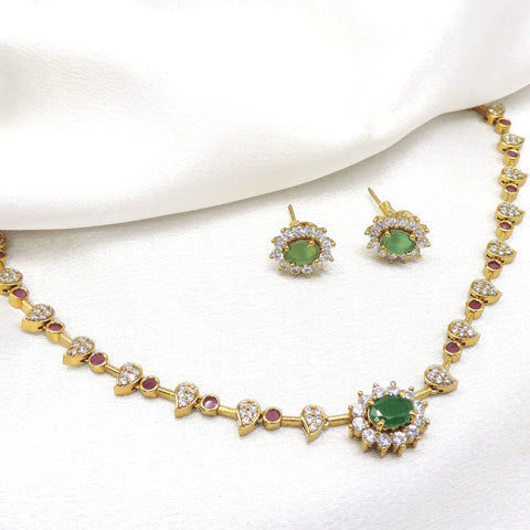 Gold-toned AD CZ changeable necklace set with green and ruby stones and matching earrings by joyrias