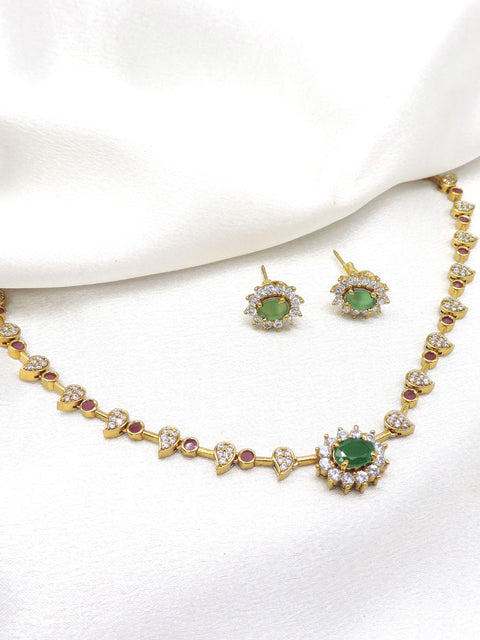 Gold-toned AD CZ changeable necklace set with green and ruby stones and matching earrings by joyrias