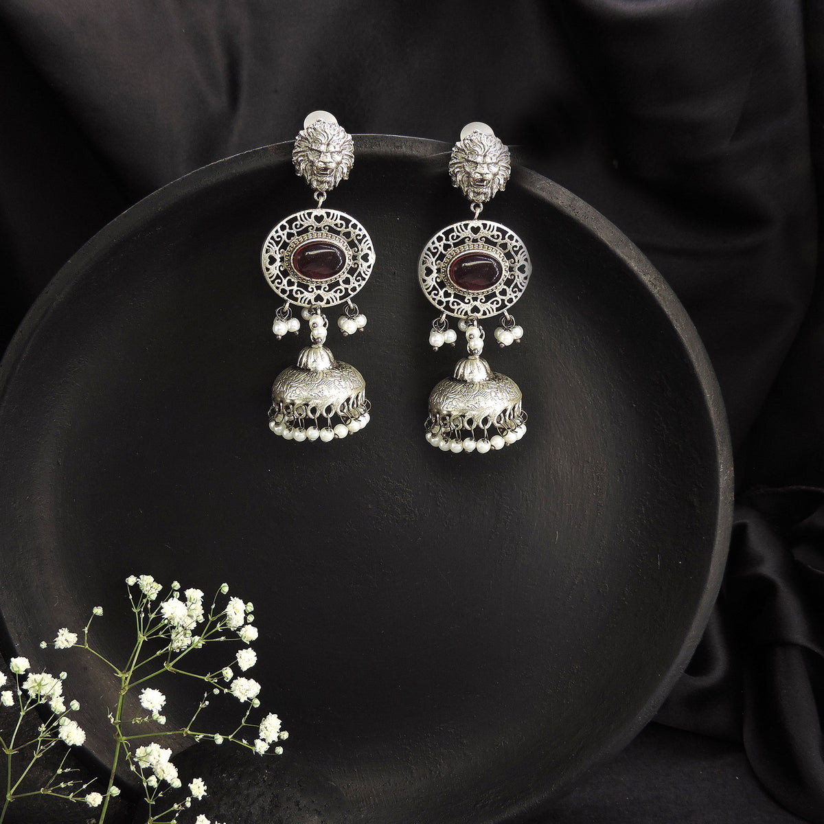 Yellow Stone Lion Motif Oxidised Jhumka Earrings