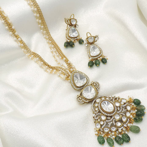 Green kundan pearl pendant set by Joyrias