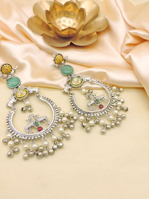 Deer Motif Oxidised Hoop Earrings with Pearl and Ghungroo Drops