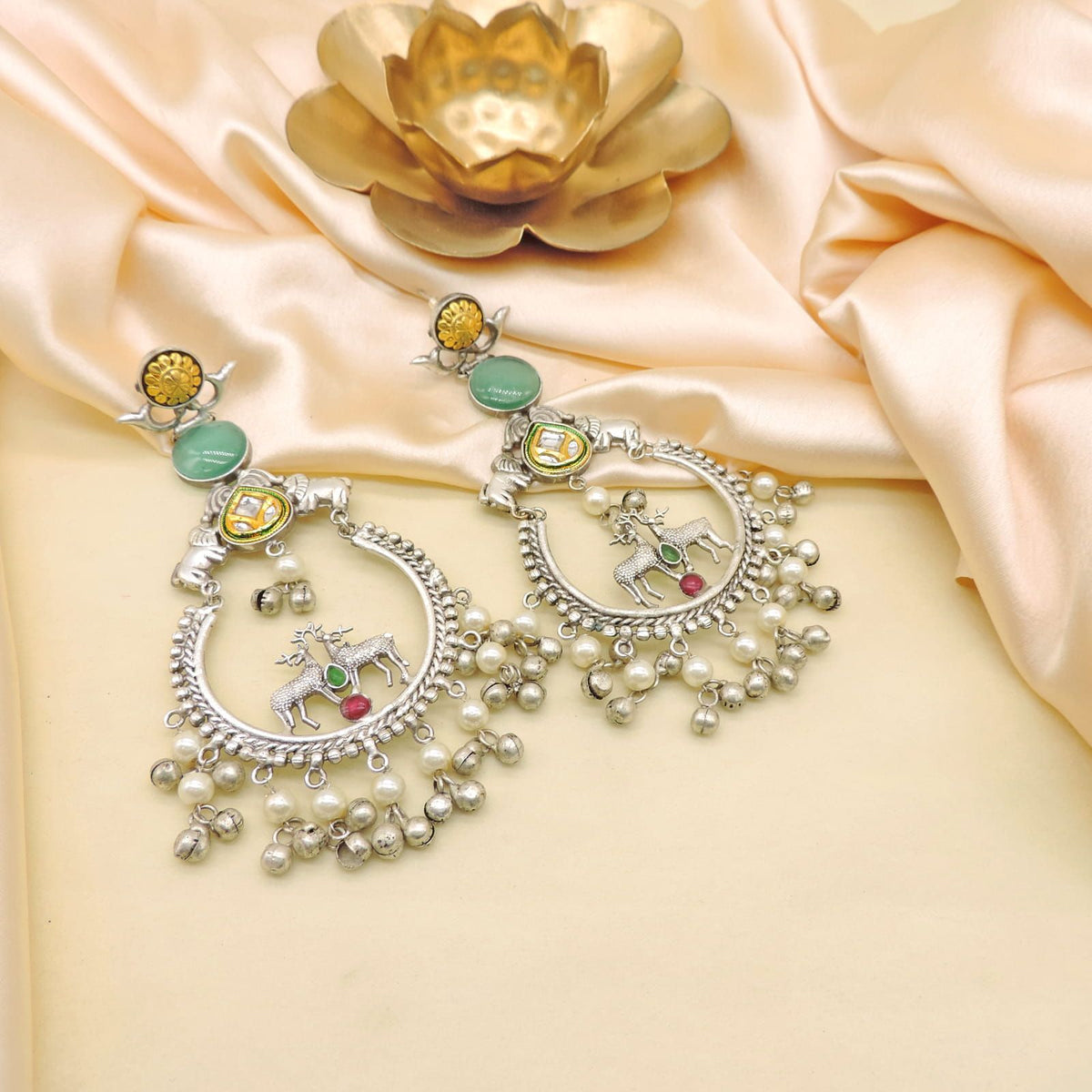 Deer Motif Oxidised Hoop Earrings with Pearl and Ghungroo Drops