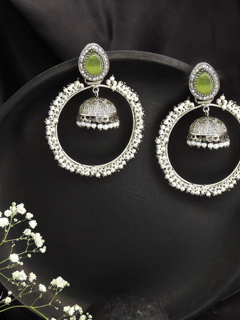 Green Stone Pearl Hoop Jhumka Earrings – Oxidized Silver Statement Earrings