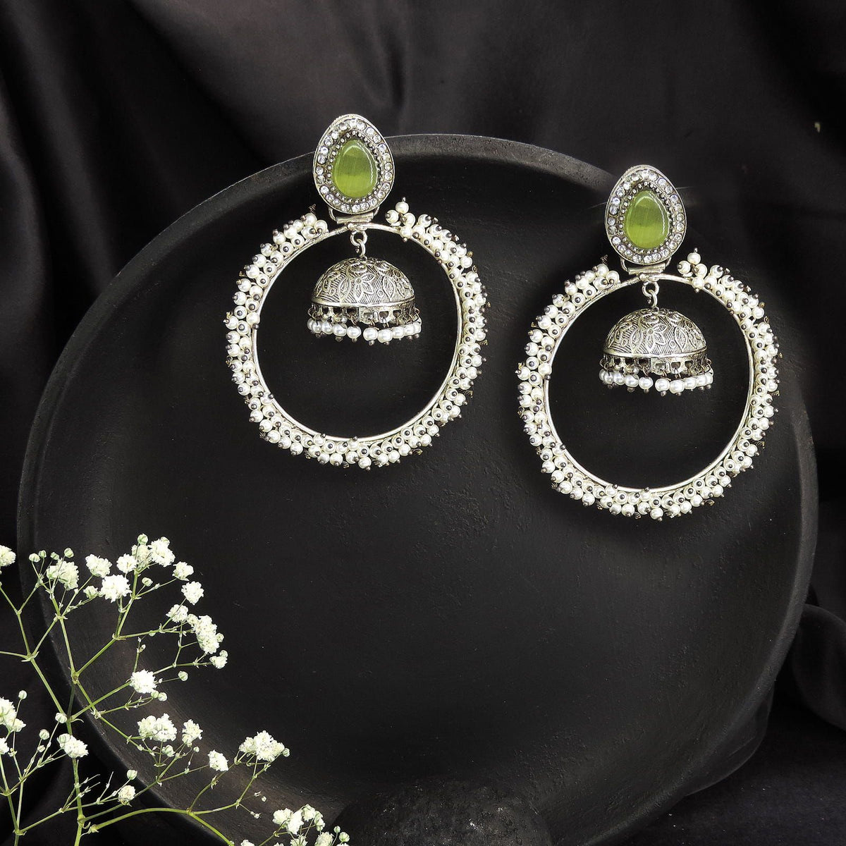 Green Stone Pearl Hoop Jhumka Earrings – Oxidized Silver Statement Earrings