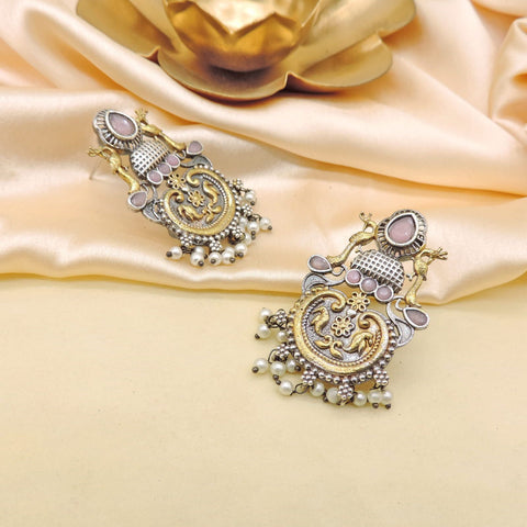 Dual Tone Bird Motif Statement Earrings with Pearl Drops
