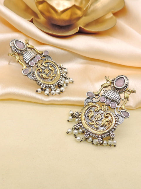 Dual Tone Bird Motif Statement Earrings with Pearl Drops