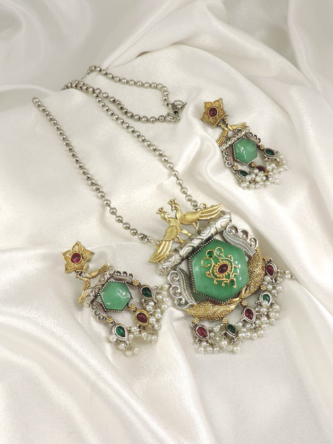 Pink Peacock Dual Tone Pendant Necklace Set