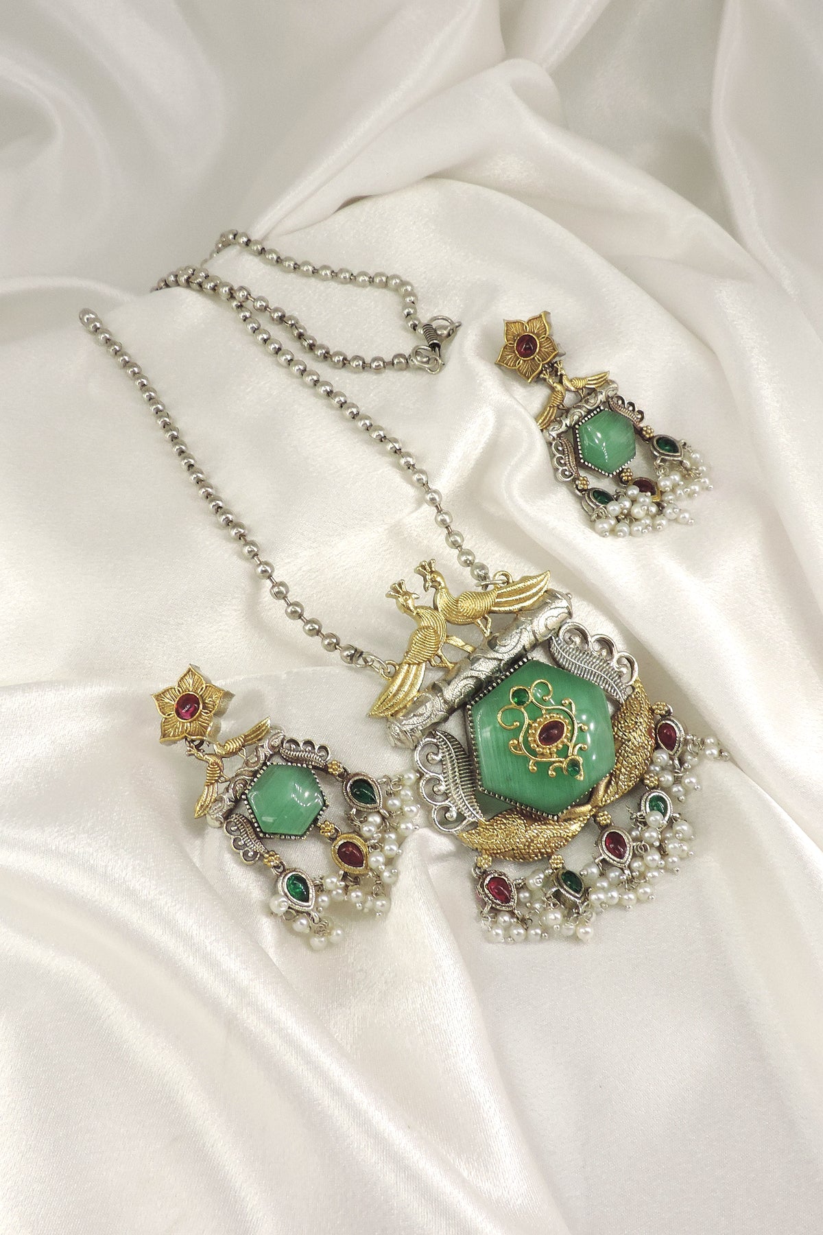 Pink Peacock Dual Tone Pendant Necklace Set